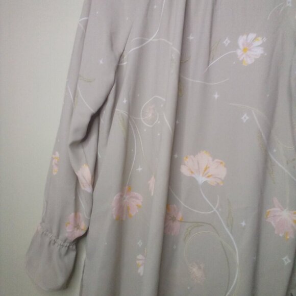 Kaari Blue Shirt Blouse L Long Sleeve Ruffle V-Neck Floral Tan Pink - Picture 4 of 16